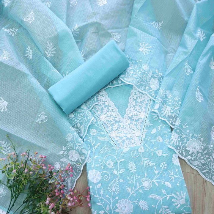 Nigahen Artic Blue V Neck lace with All Over Thread Work Kota Doriya Suit Set
