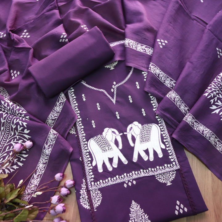 Yashvi Berry Purple Gajj Embroidered Work Yoke Block Printed Panel Cotton Suit Set