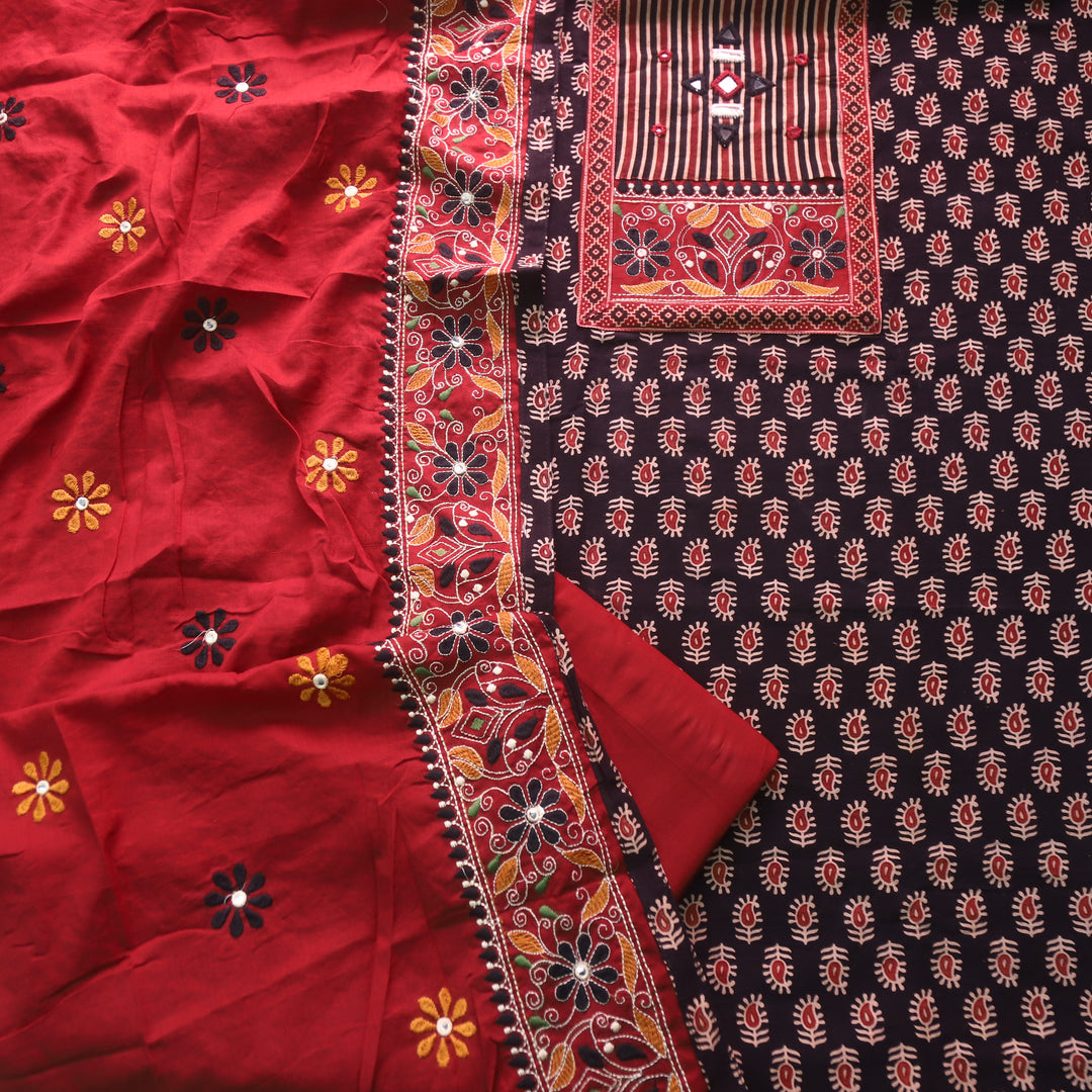 Dashtaan Ebony Black Kutch Patch with Mirror Work Ajrak Printed Cotton Suit Set