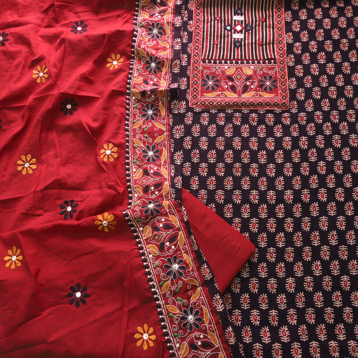 Dashtaan Ebony Black Kutch Patch with Mirror Work Ajrak Printed Cotton Suit Set