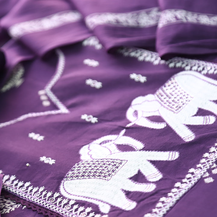 Yashvi Berry Purple Gajj Embroidered Work Yoke Block Printed Panel Cotton Suit Set