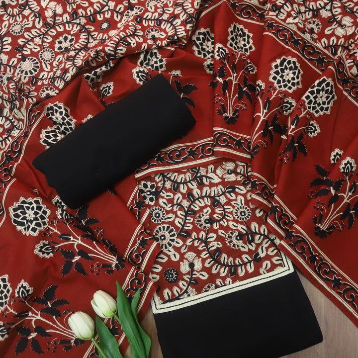Roopsakhi Ebony Black Mirror Work Detailing in Kalamkari Yoke Cotton Suit Set