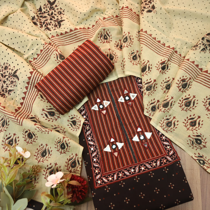 Khushi Red Kutch Patch with Mirror Work Ajrakh Print Cotton Set