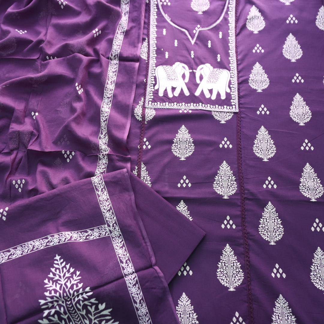 Yashvi Berry Purple Gajj Embroidered Work Yoke Block Printed Panel Cotton Suit Set