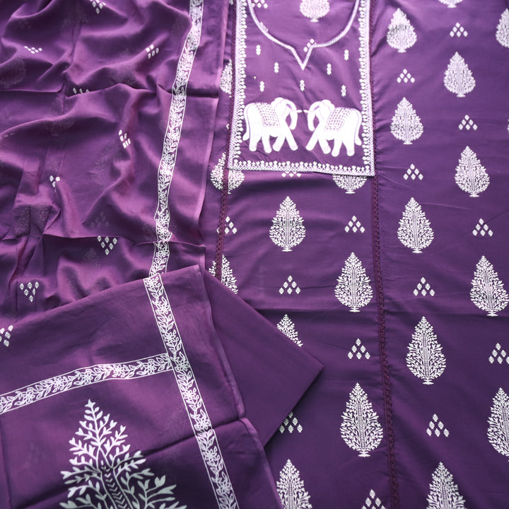 Yashvi Berry Purple Gajj Embroidered Work Yoke Block Printed Panel Cotton Suit Set