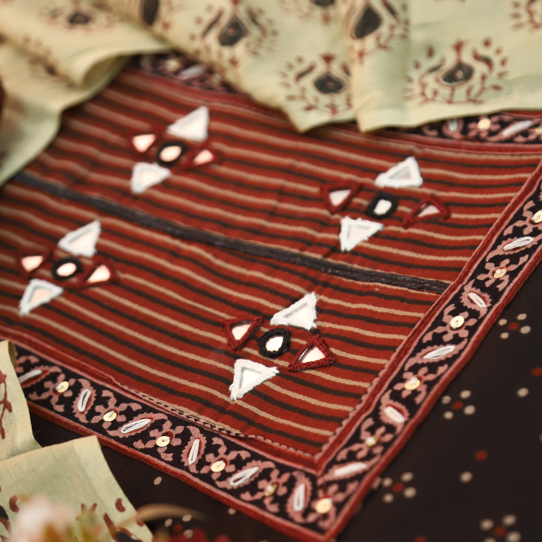 Khushi Red Kutch Patch with Mirror Work Ajrakh Print Cotton Set