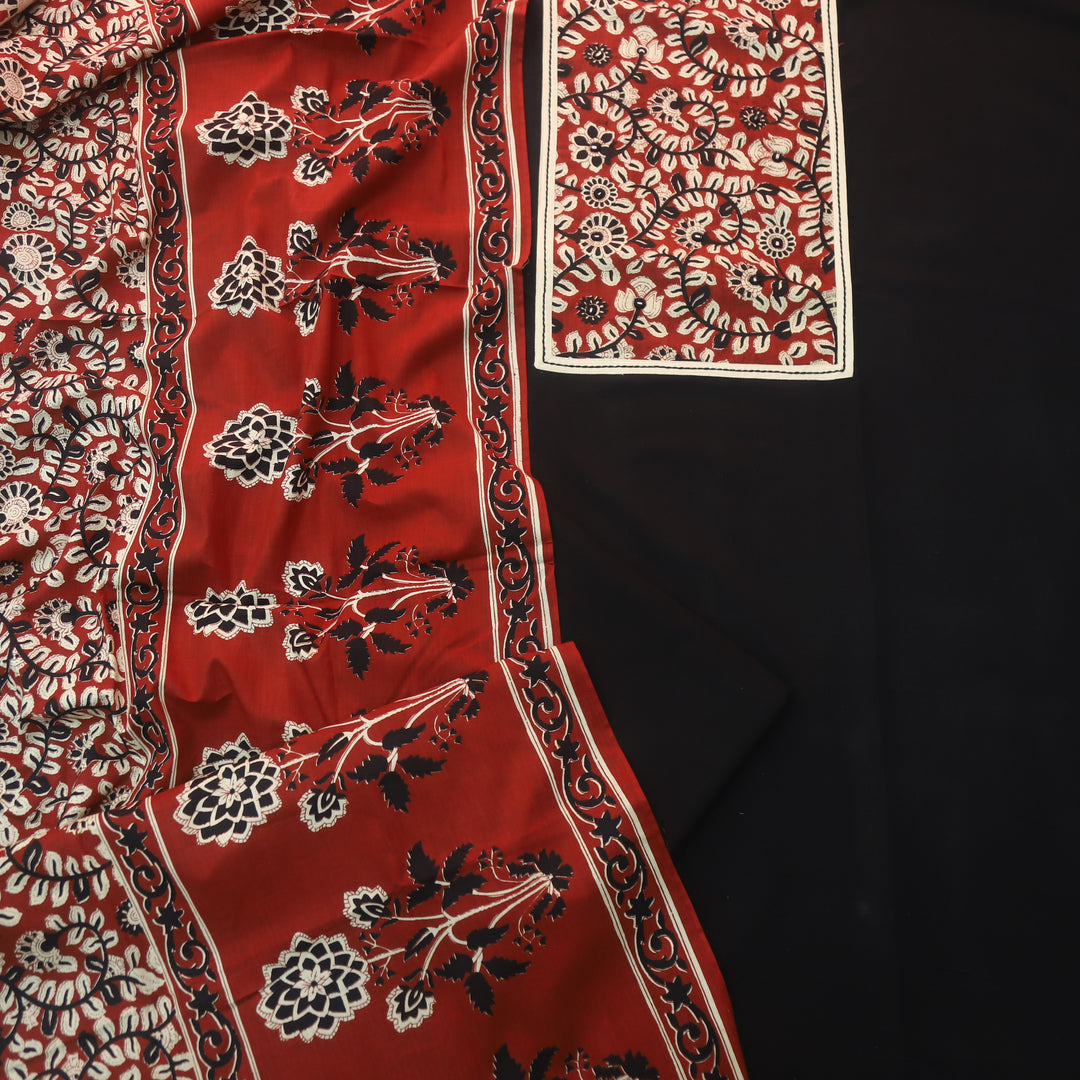 Roopsakhi Ebony Black Mirror Work Detailing in Kalamkari Yoke Cotton Suit Set