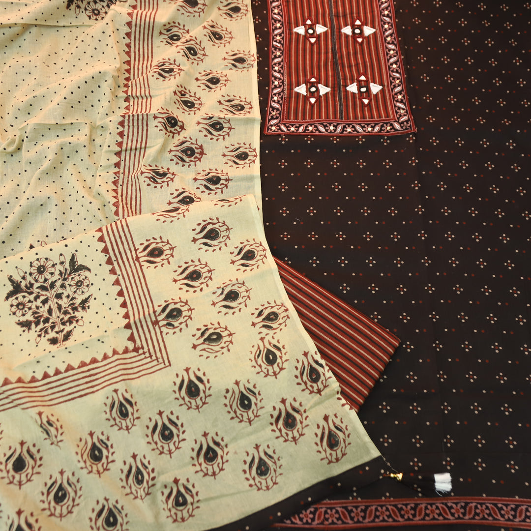 Khushi Red Kutch Patch with Mirror Work Ajrakh Print Cotton Set