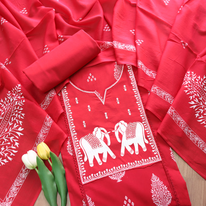 Yashvi Bride Red Gajj Embroidered Work Yoke Block Printed Panel Cotton Suit Set