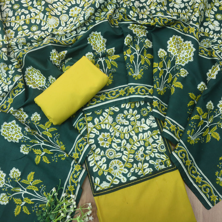 Roopsakhi Lemon Green Mirror Work Detailing in Kalamkari Yoke Cotton Suit Set