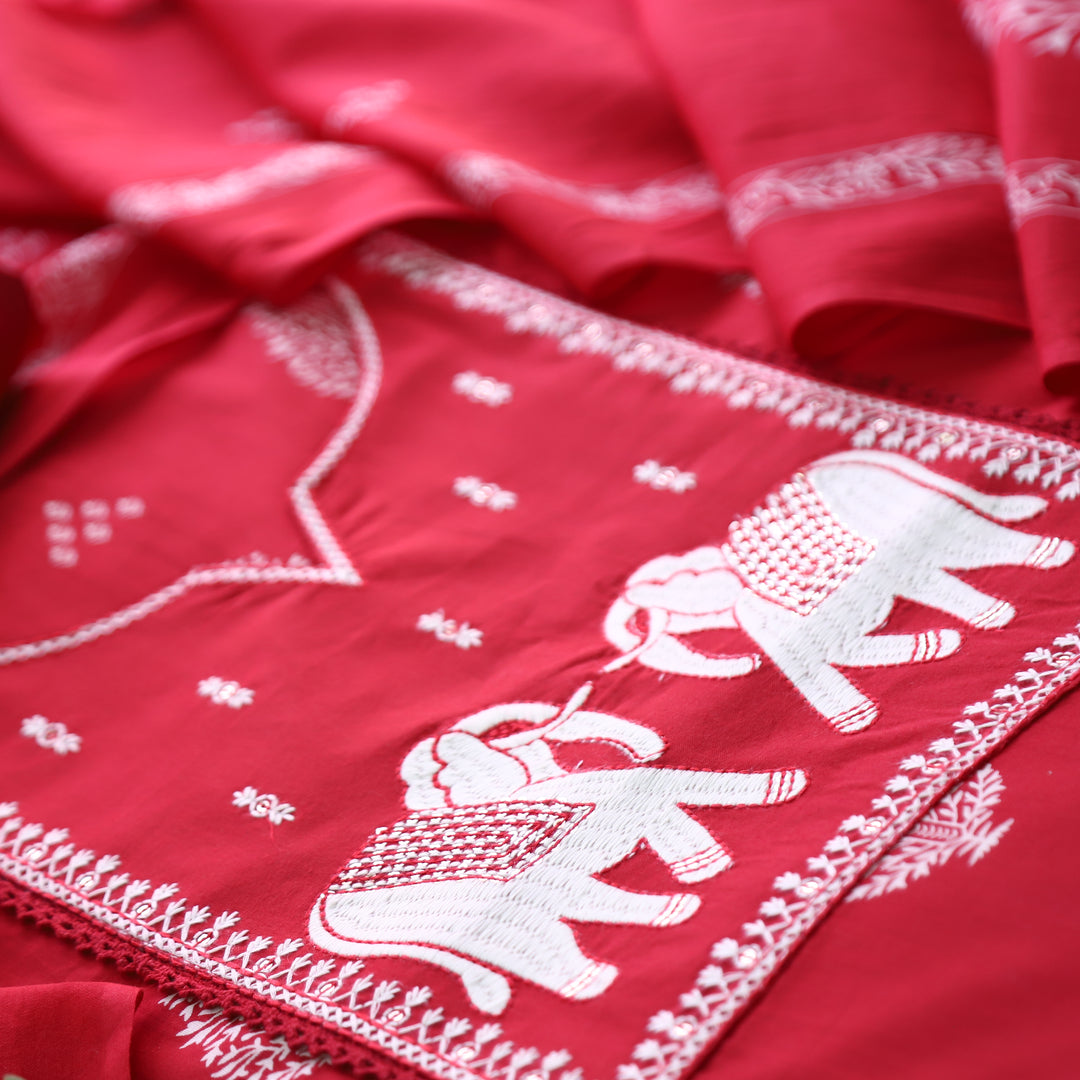 Yashvi Bride Red Gajj Embroidered Work Yoke Block Printed Panel Cotton Suit Set