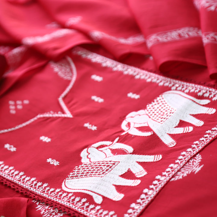 Yashvi Bride Red Gajj Embroidered Work Yoke Block Printed Panel Cotton Suit Set