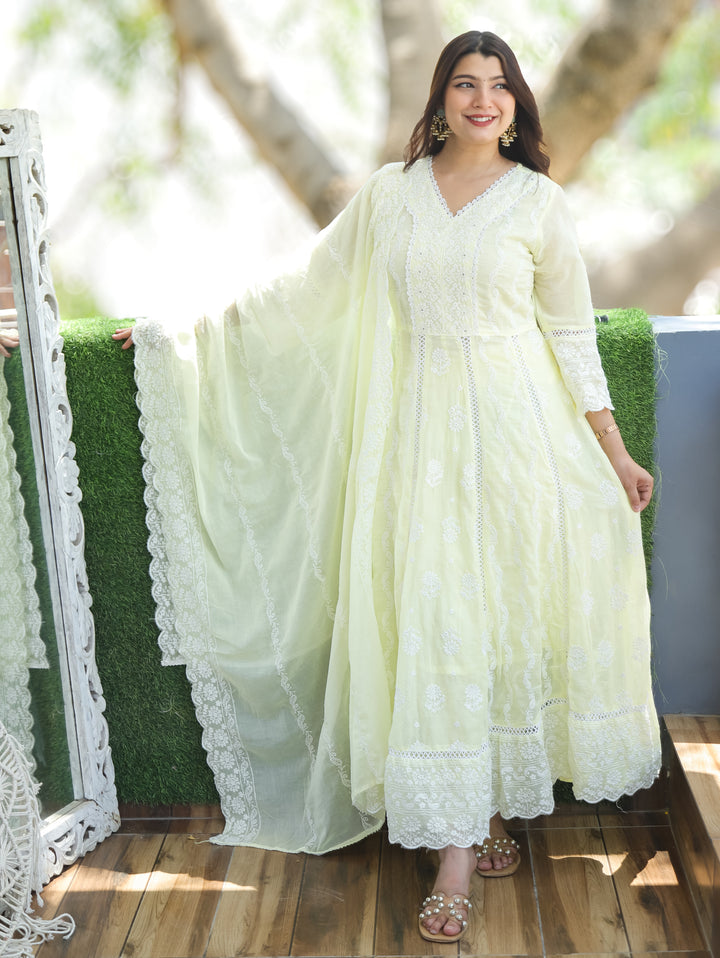 Sophia Butter Yellow Anarkali Mul Cotton 3 Piece Set