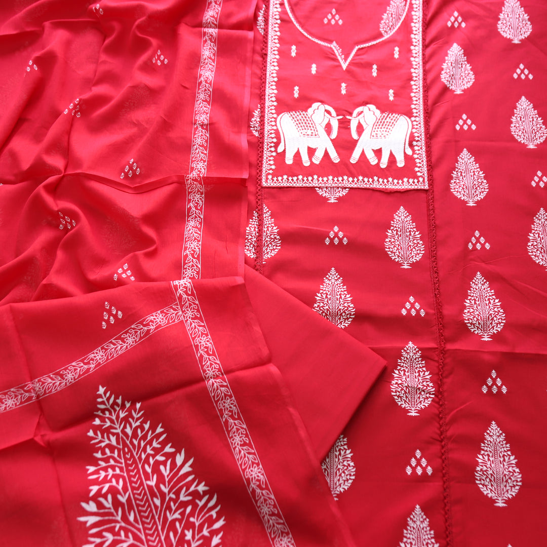 Yashvi Bride Red Gajj Embroidered Work Yoke Block Printed Panel Cotton Suit Set