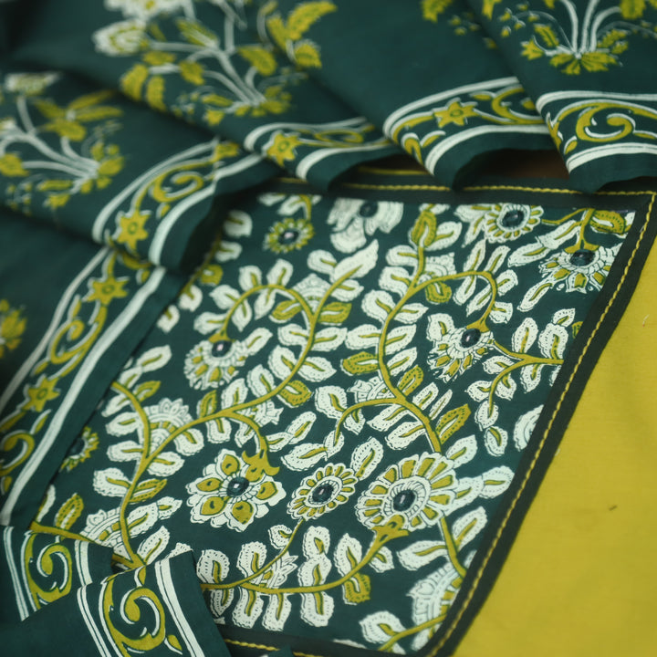 Roopsakhi Lemon Green Mirror Work Detailing in Kalamkari Yoke Cotton Suit Set