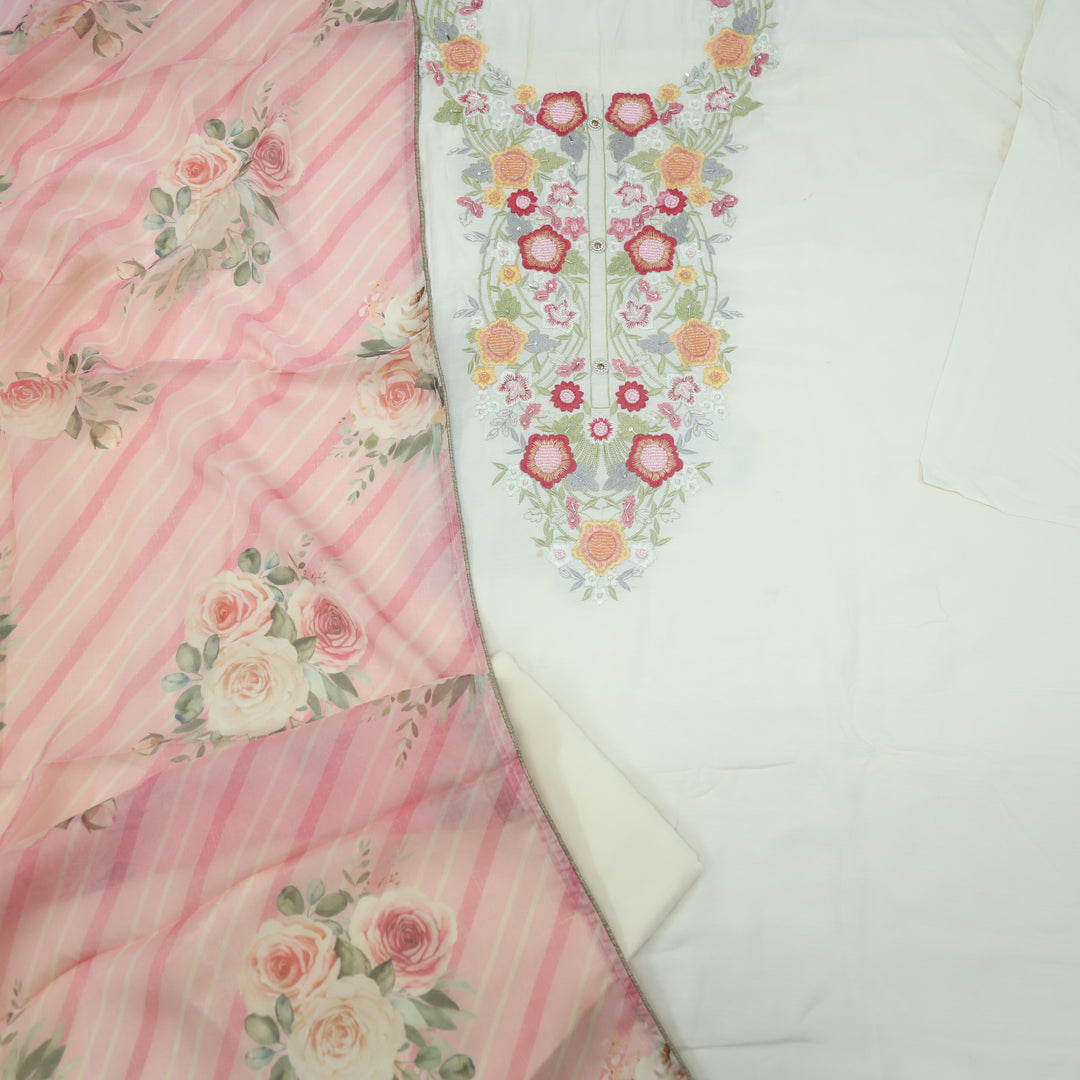 Soundarya Creamy White Thread Embroidery Muslin Suit Set