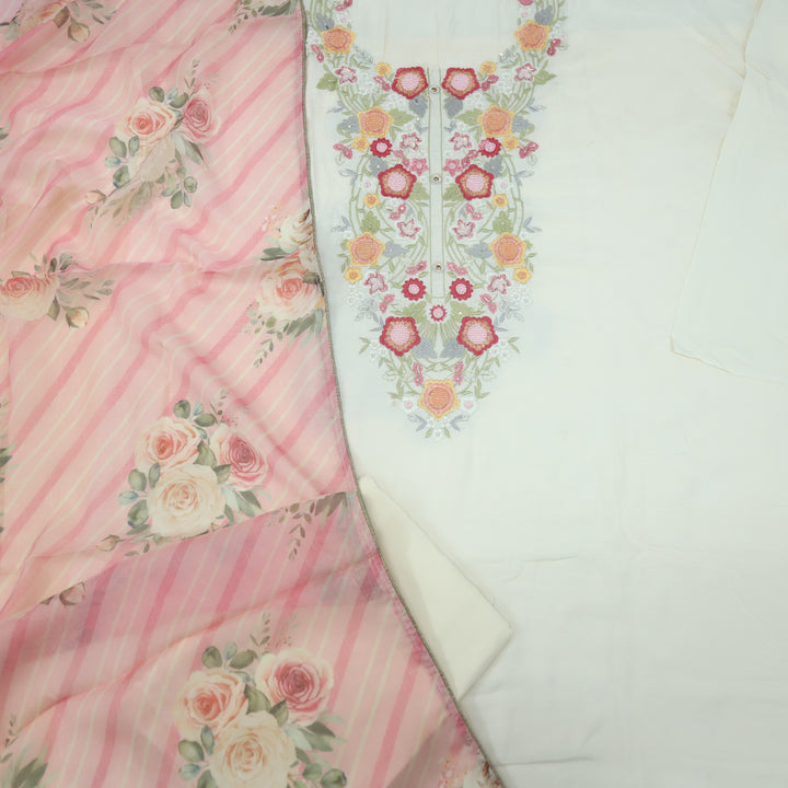 Soundarya Creamy White Thread Embroidery Muslin Suit Set