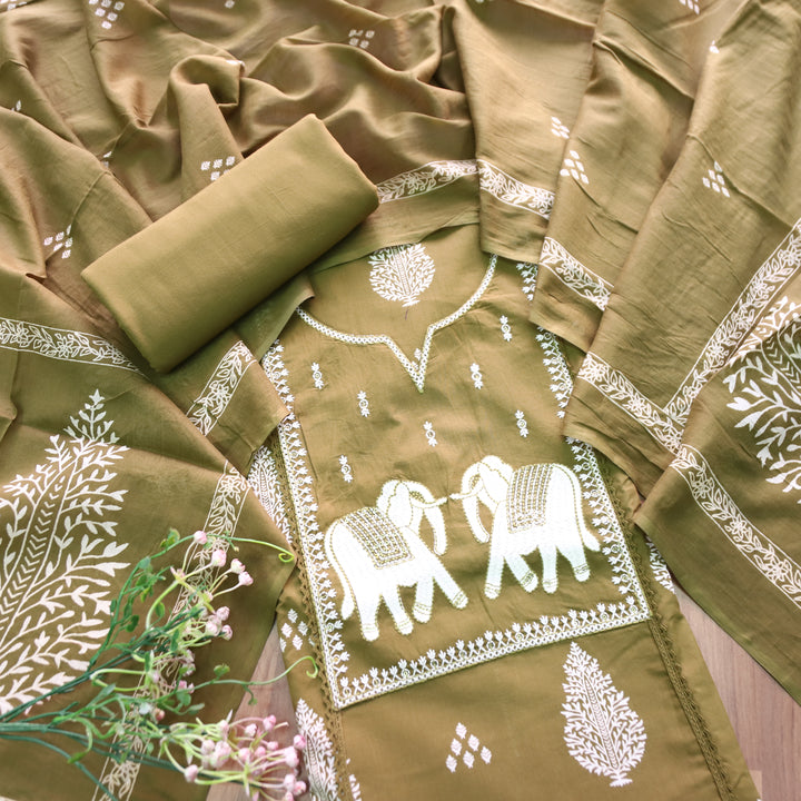 Yashvi Mehendi Green Gajj Embroidered Work Yoke Block Printed Panel Cotton Suit Set