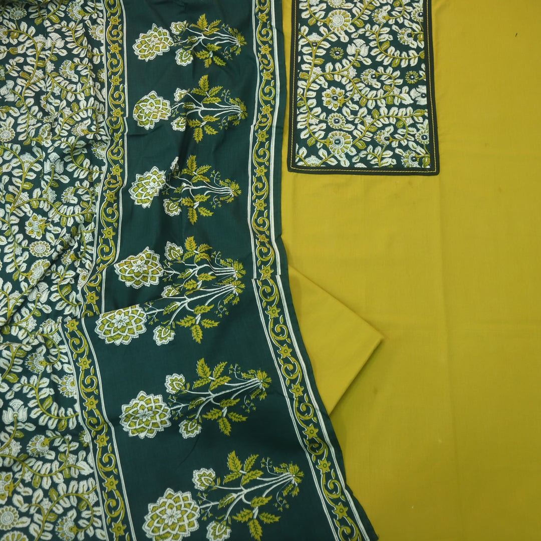 Roopsakhi Lemon Green Mirror Work Detailing in Kalamkari Yoke Cotton Suit Set