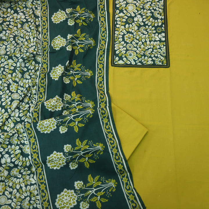Roopsakhi Lemon Green Mirror Work Detailing in Kalamkari Yoke Cotton Suit Set