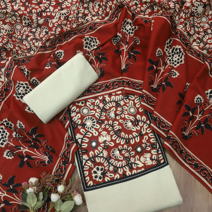 Roopsakhi Shell White Mirror Work Detailing in Kalamkari Yoke Cotton Suit Set