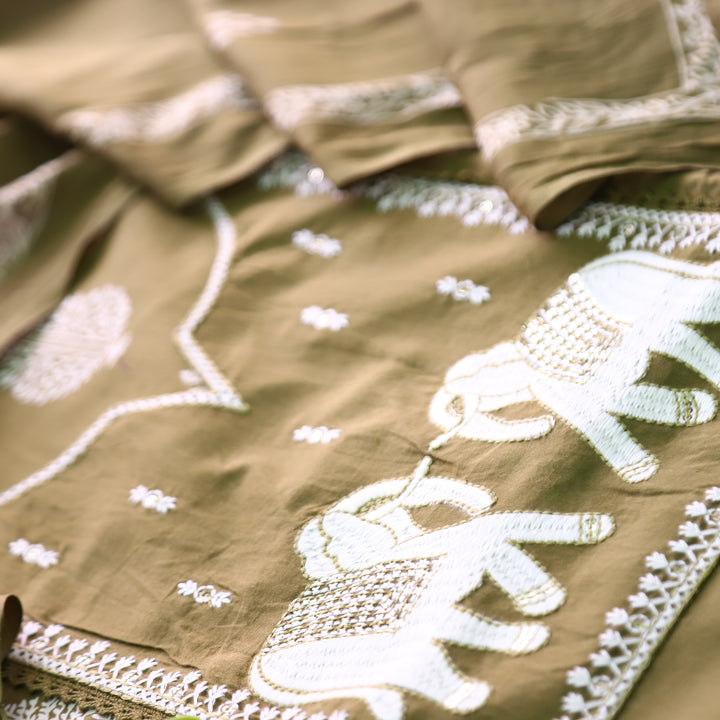 Yashvi Mehendi Green Gajj Embroidered Work Yoke Block Printed Panel Cotton Suit Set