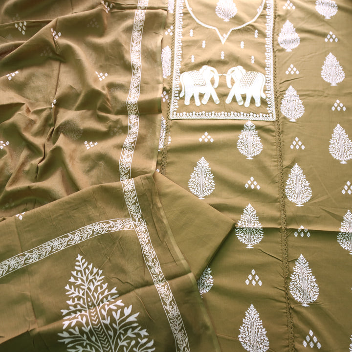 Yashvi Mehendi Green Gajj Embroidered Work Yoke Block Printed Panel Cotton Suit Set