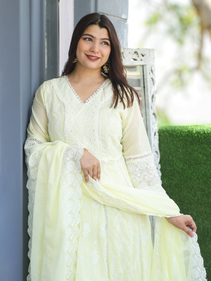 Sophia Butter Yellow Anarkali Mul Cotton 3 Piece Set