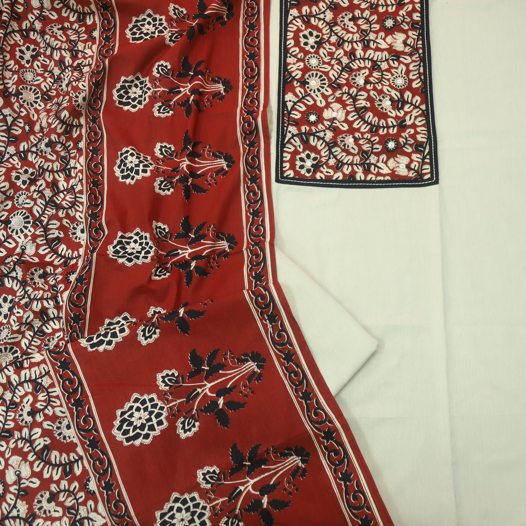 Roopsakhi Shell White Mirror Work Detailing in Kalamkari Yoke Cotton Suit Set