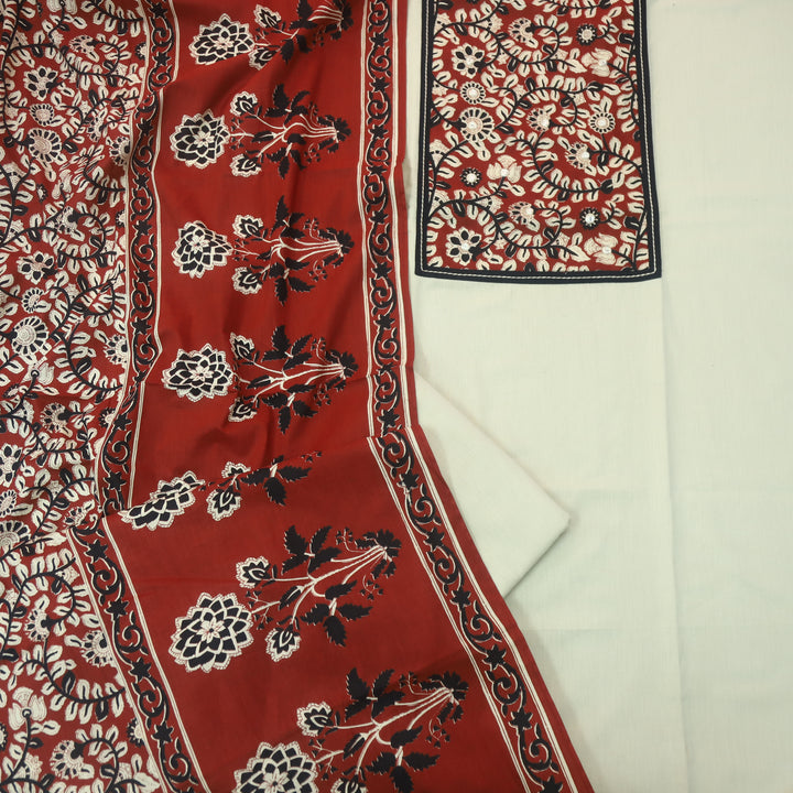 Roopsakhi Shell White Mirror Work Detailing in Kalamkari Yoke Cotton Suit Set