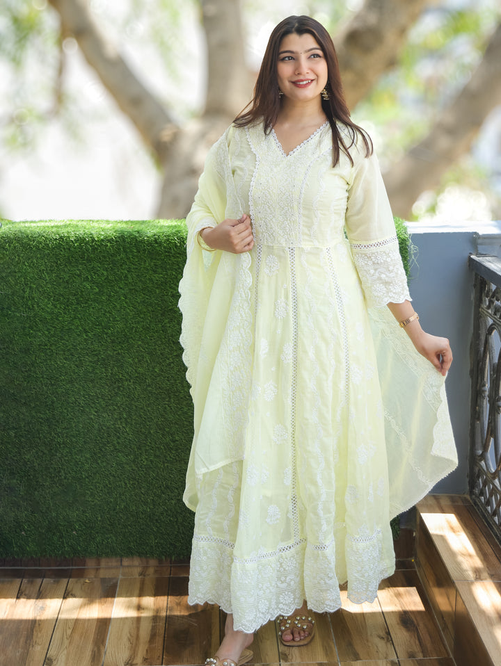 Sophia Butter Yellow Anarkali Mul Cotton 3 Piece Set