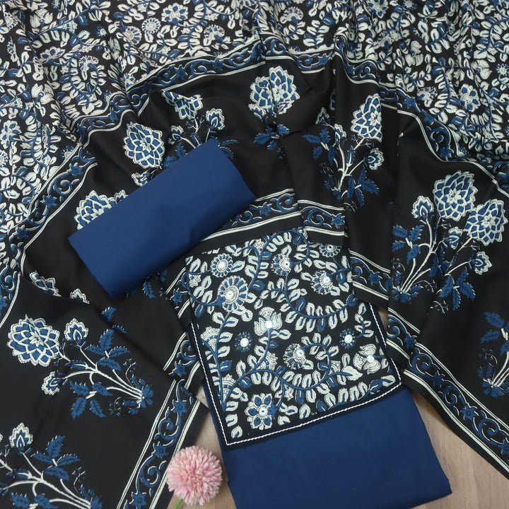 Roopsakhi Galaxy Blue Mirror Work Detailing in Kalamkari Yoke Cotton Suit Set