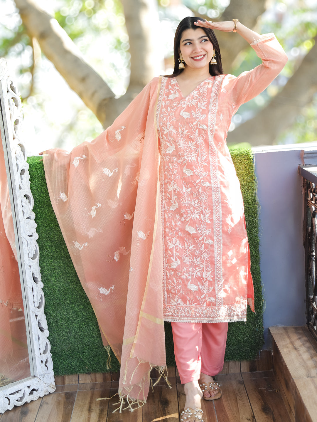 Madhavi Pastel Peach V Neck Embroidered Work Panel Style Shimmer Kota Doriya 3 Piece Set