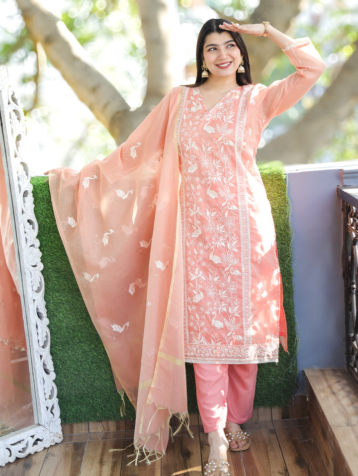 Madhavi Pastel Peach V Neck Embroidered Work Panel Style Shimmer Kota Doriya 3 Piece Set