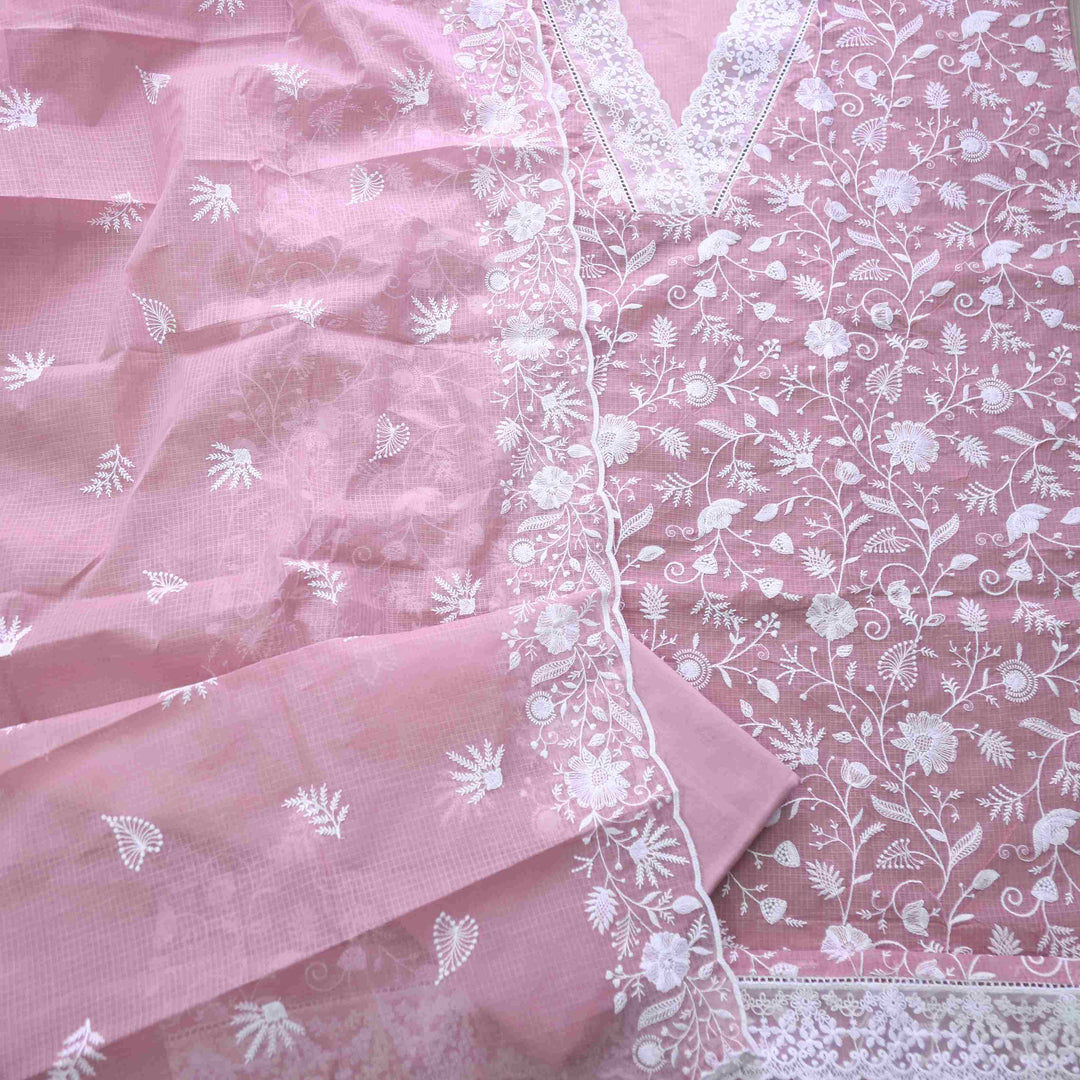 Nigahen Helio Mauve V Neck lace with All Over Thread Work Kota Doriya Suit Set