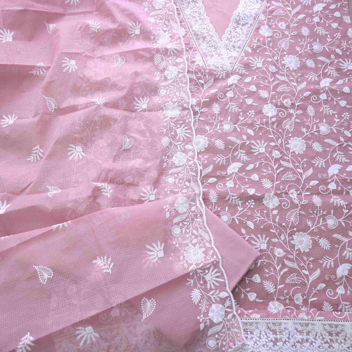 Nigahen Helio Mauve V Neck lace with All Over Thread Work Kota Doriya Suit Set