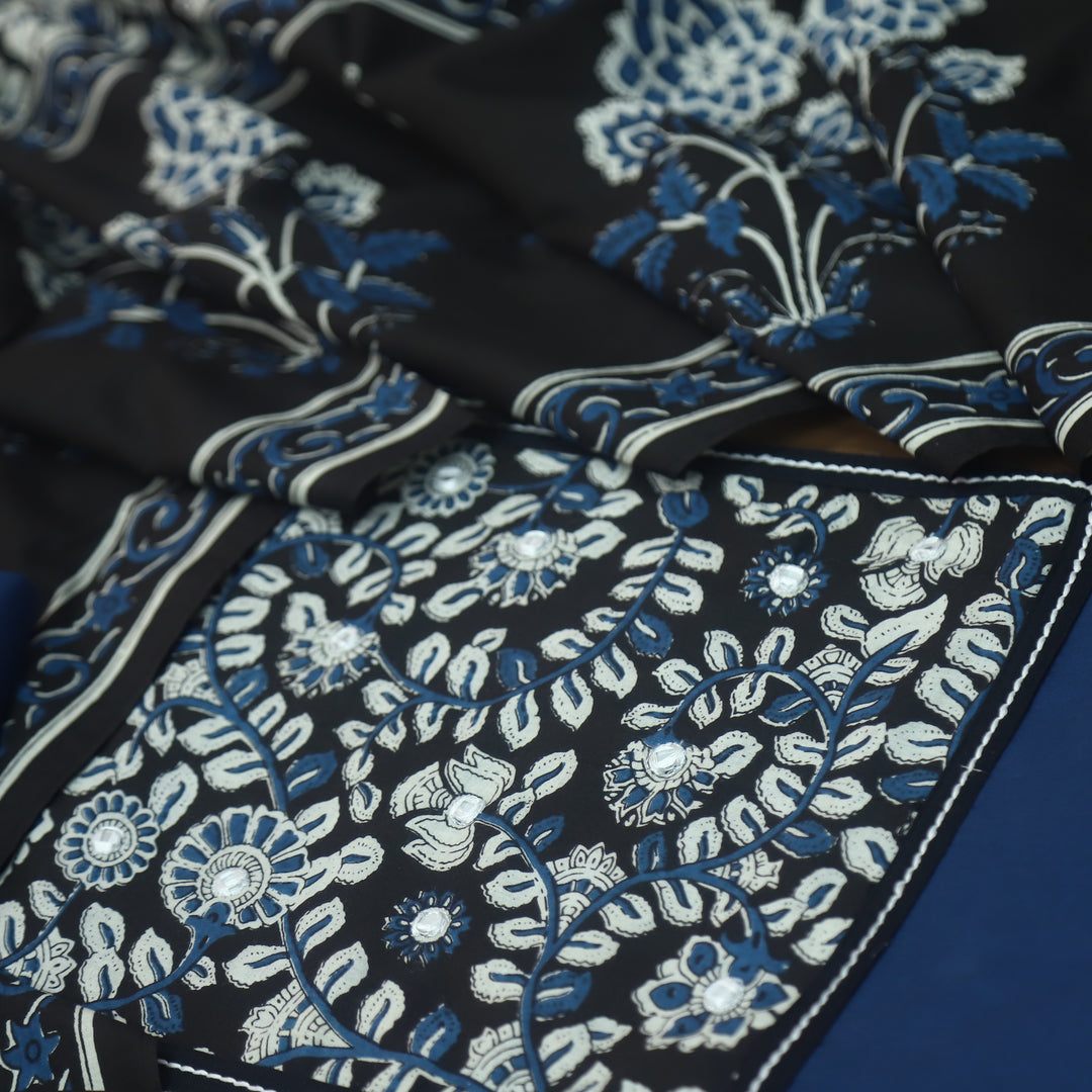 Roopsakhi Galaxy Blue Mirror Work Detailing in Kalamkari Yoke Cotton Suit Set
