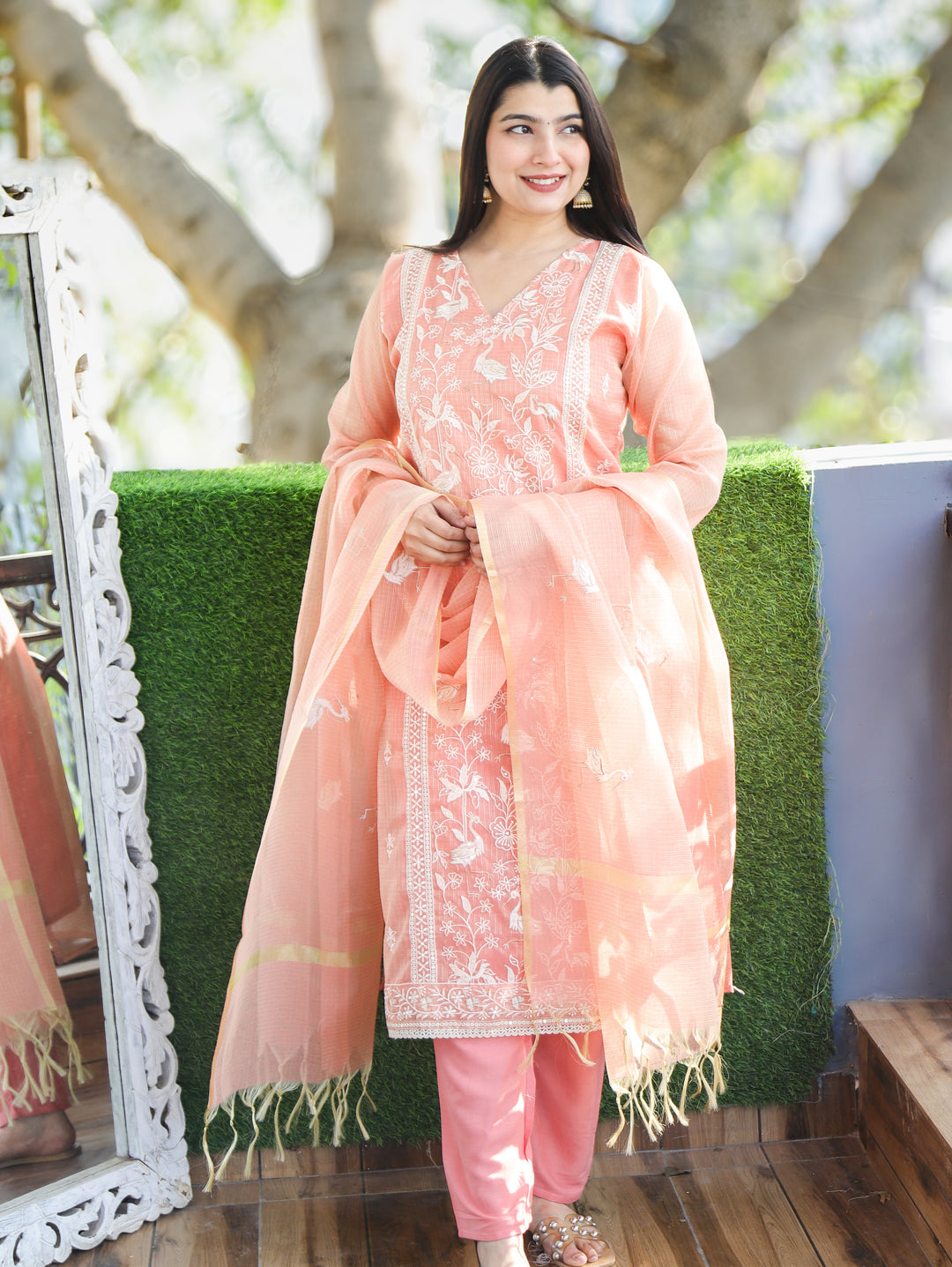 Madhavi Pastel Peach V Neck Embroidered Work Panel Style Shimmer Kota Doriya 3 Piece Set