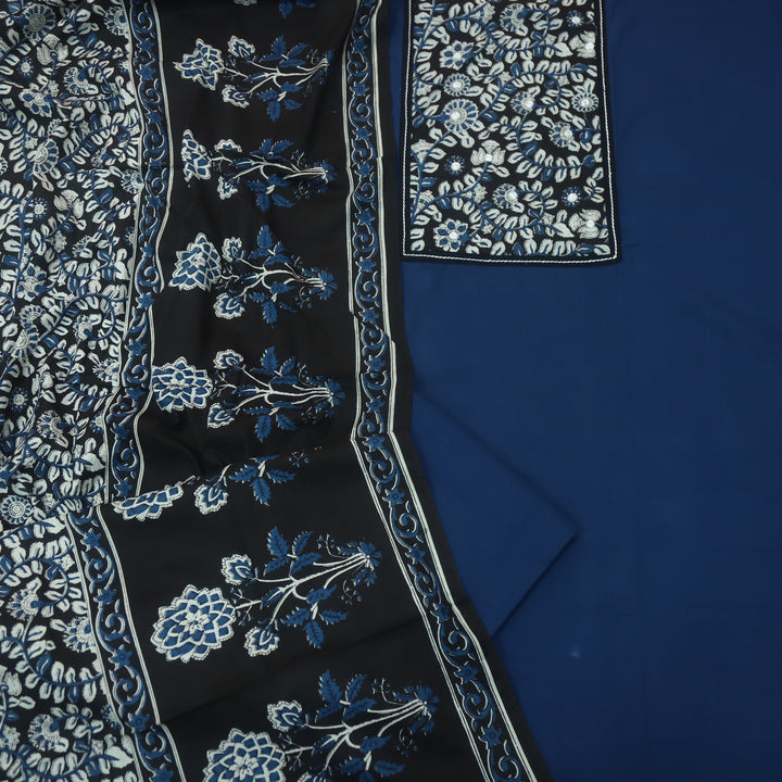 Roopsakhi Galaxy Blue Mirror Work Detailing in Kalamkari Yoke Cotton Suit Set