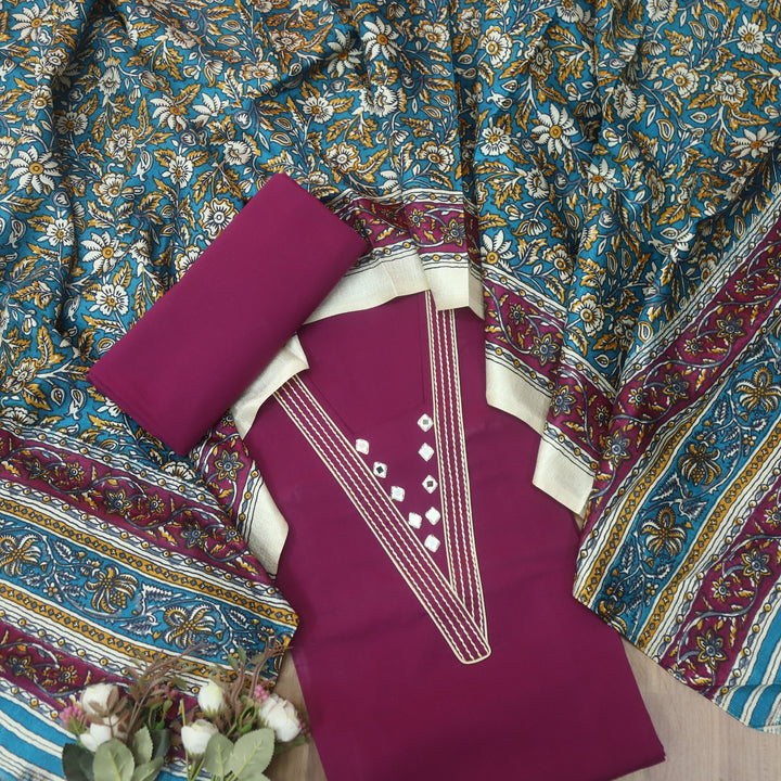 Roopsakhi Burgundy Wine V Neck Mirror Work Detailing Neck Roman Silk Suit Set