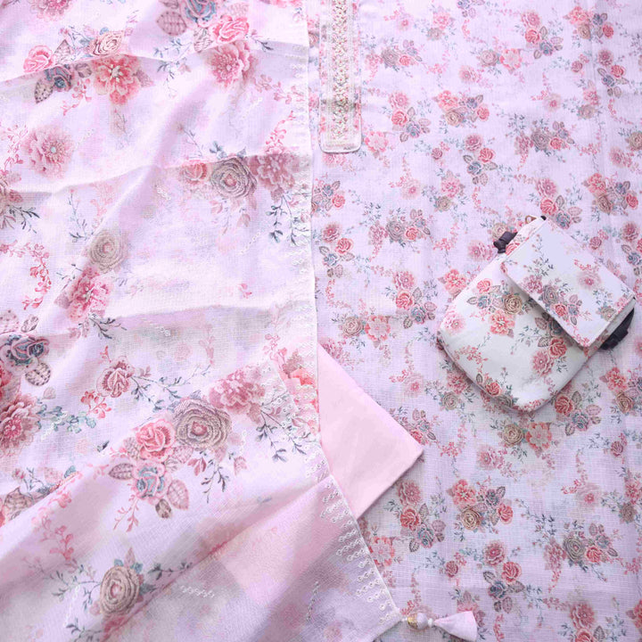 Rubiya Rose Pink Moti Neck Patch Floral Print Kota Doriya with Hand Bag