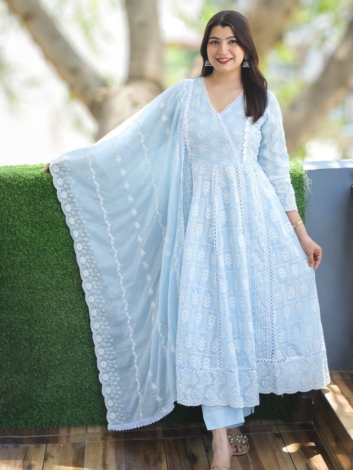 Sophia Ice Blue Anarkali Mul Cotton 3 Piece Set