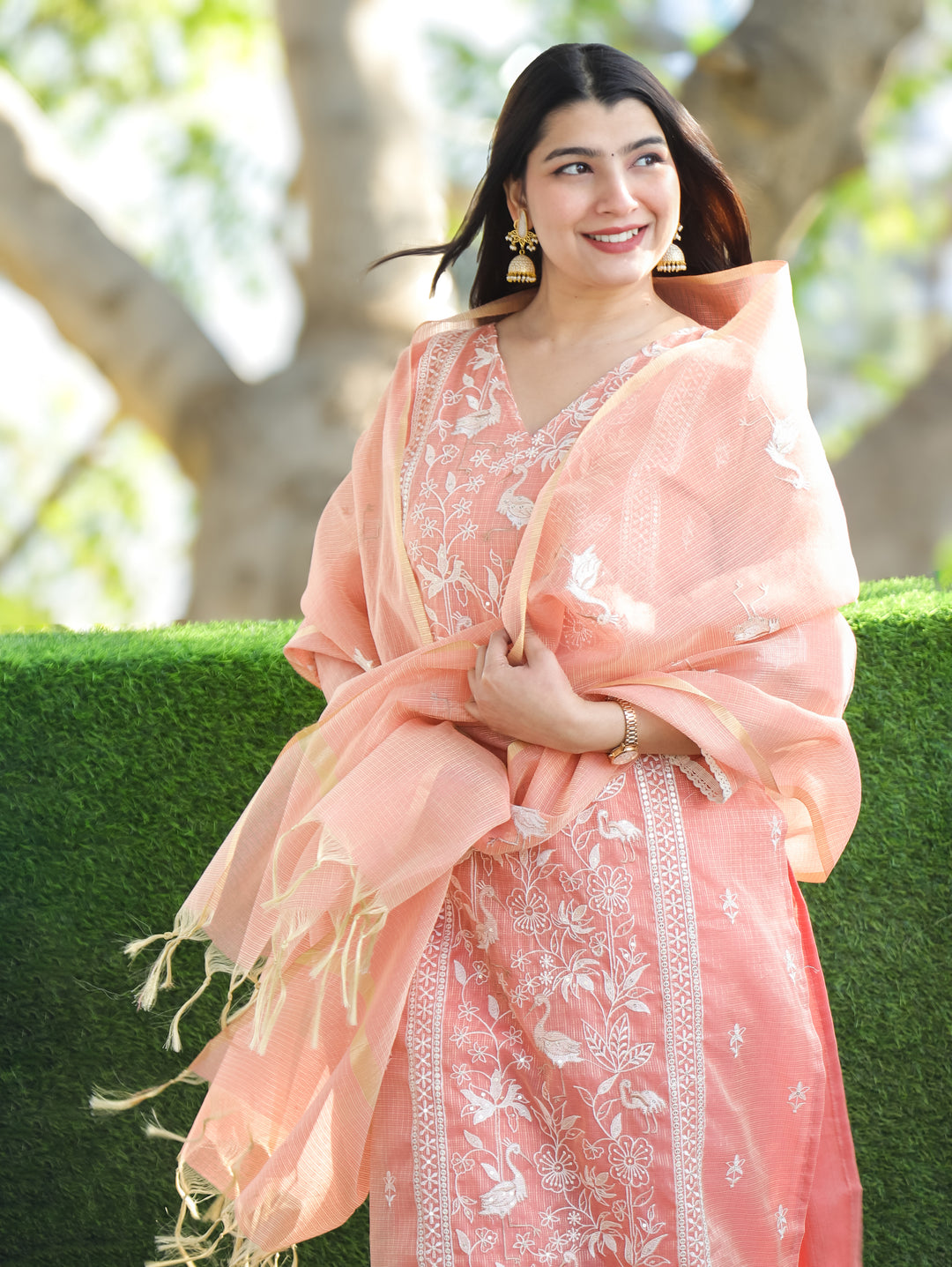 Madhavi Pastel Peach V Neck Embroidered Work Panel Style Shimmer Kota Doriya 3 Piece Set