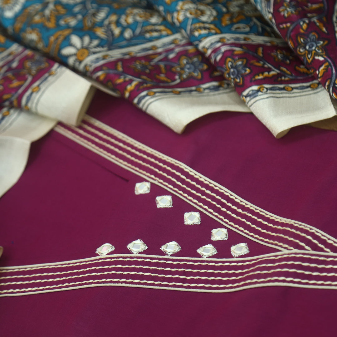Roopsakhi Burgundy Wine V Neck Mirror Work Detailing Neck Roman Silk Suit Set