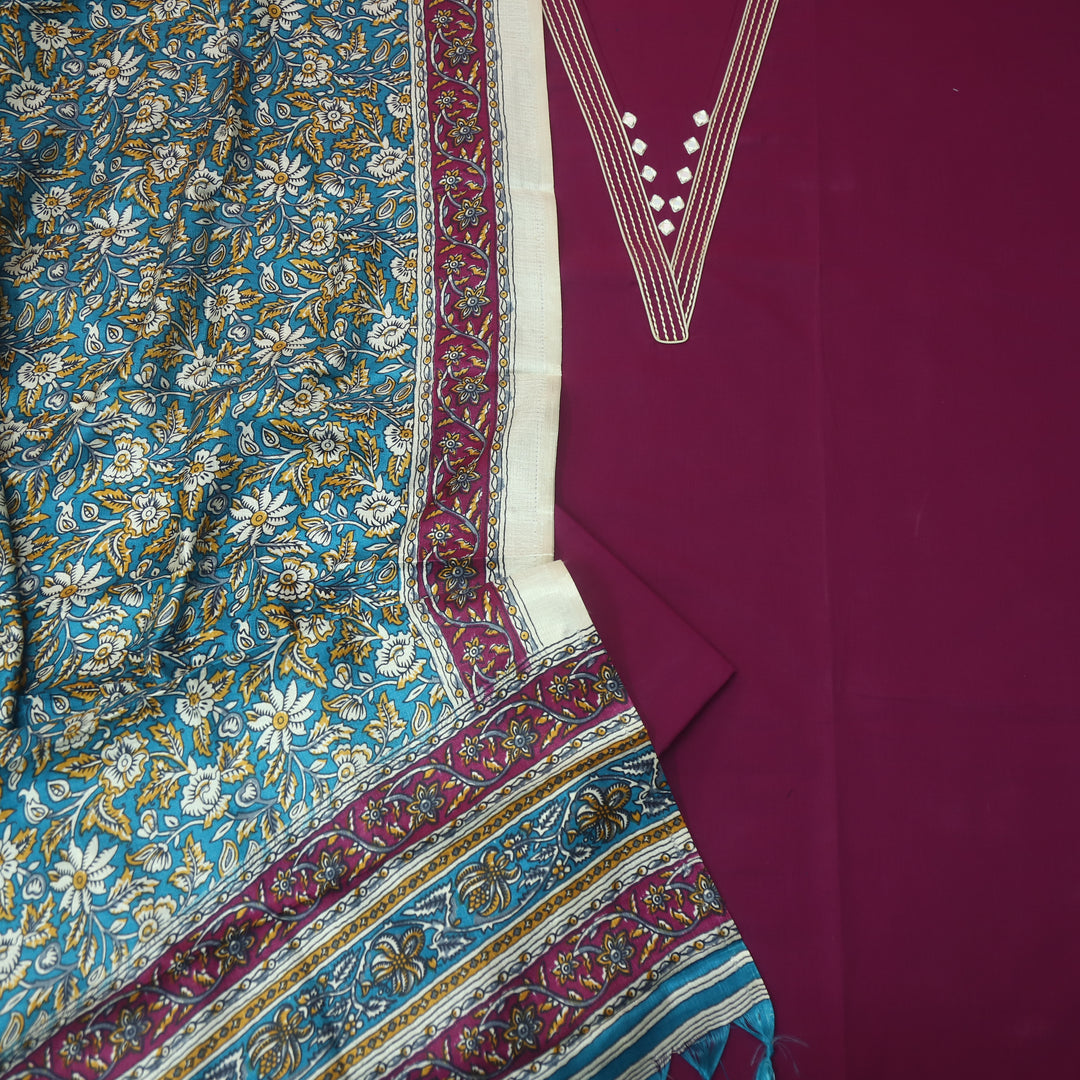 Roopsakhi Burgundy Wine V Neck Mirror Work Detailing Neck Roman Silk Suit Set
