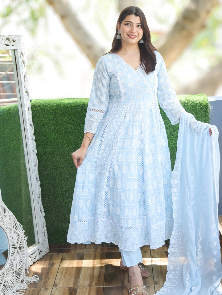 Sophia Ice Blue Anarkali Mul Cotton 3 Piece Set