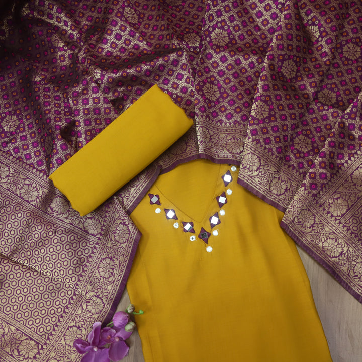 Rooprani Canary Yellow V Style Neck Mirror Work Roman Silk Suit Set