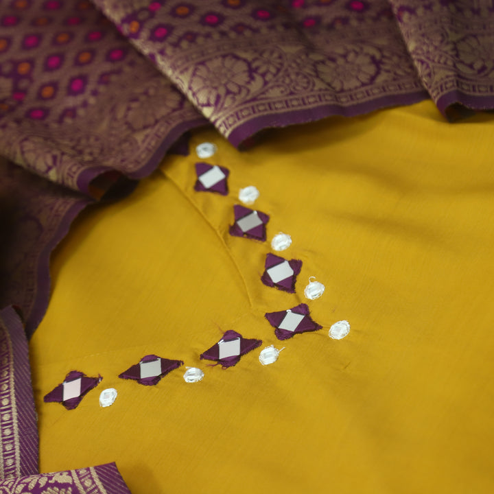 Rooprani Canary Yellow V Style Neck Mirror Work Roman Silk Suit Set