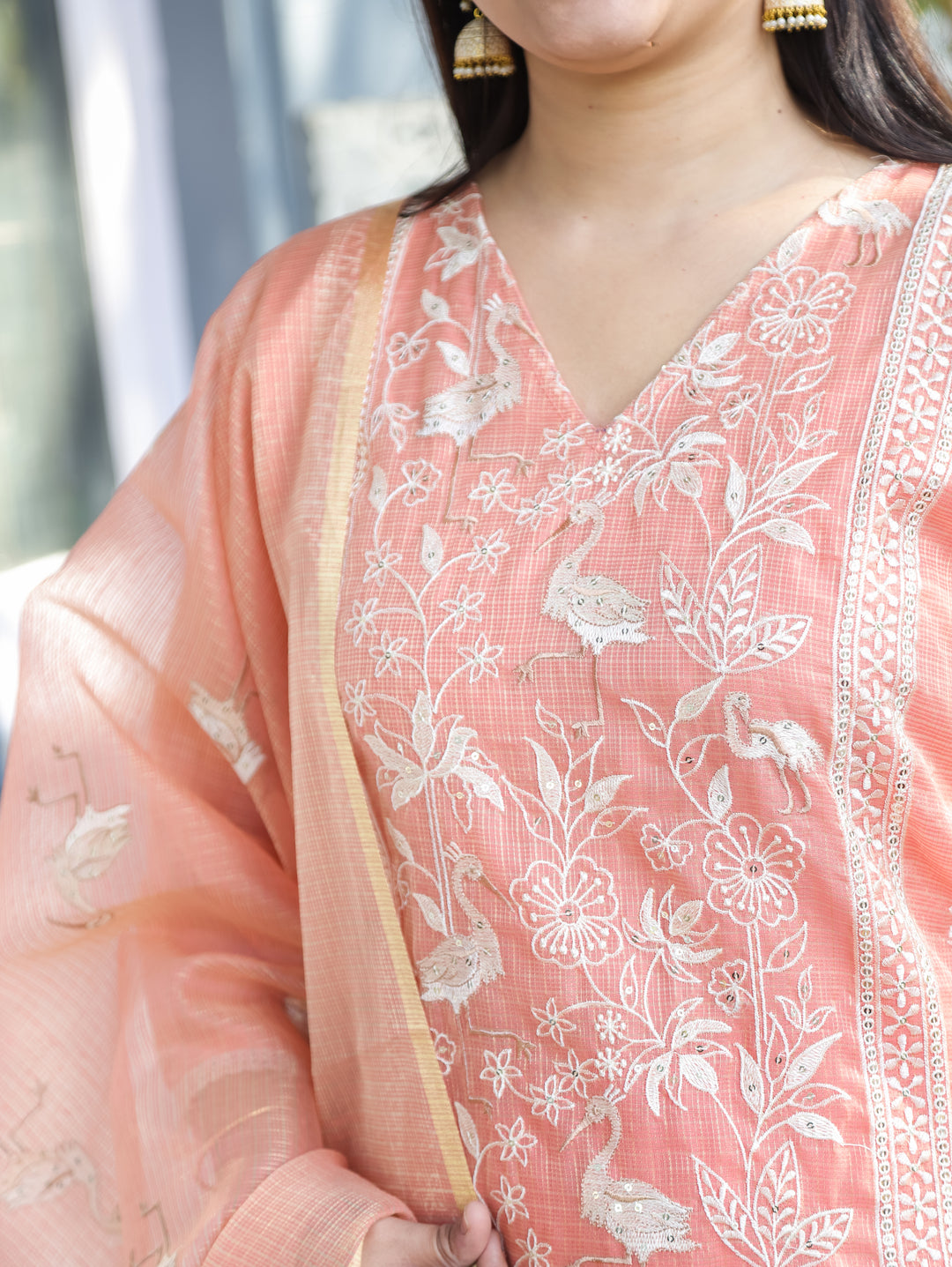 Madhavi Pastel Peach V Neck Embroidered Work Panel Style Shimmer Kota Doriya 3 Piece Set
