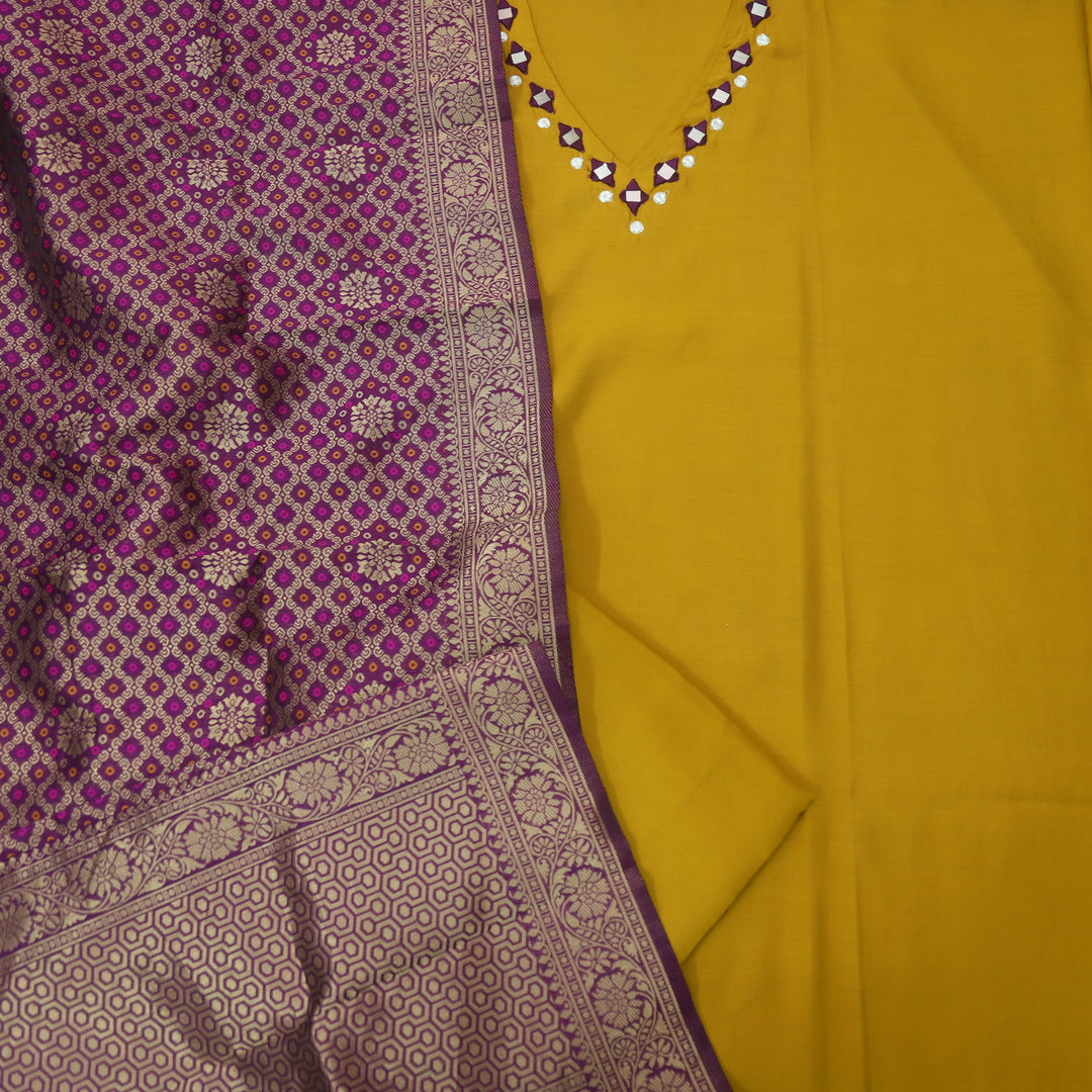 Rooprani Canary Yellow V Style Neck Mirror Work Roman Silk Suit Set